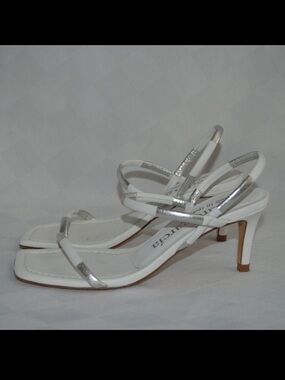 Sz 37 6.5  Pedro Garcia White Silver Strappy 2.75" Heels Sandals